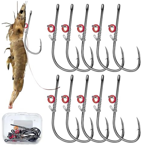 XFSRG 10 Pezzi Ami da Gamberetti in Acciaio al Carbonio Pesca Vivi Gancio Porta Esca Resistente Riutilizzabile per Pesci d'Acqua Dolce e Salata(3/0)