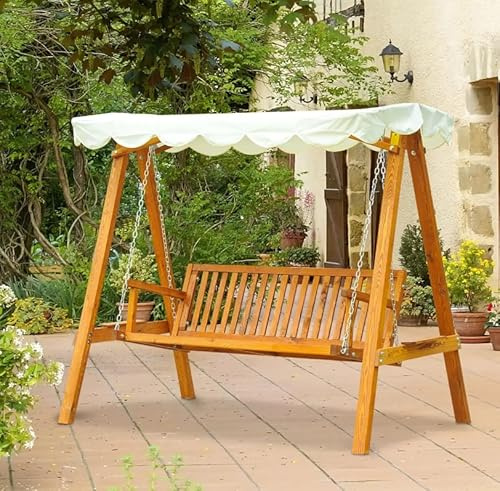3 Seater Swing Chair Outdoor Garden Furniture Large Rustic Wooden Hammock Bench Canopy White Sun Shade Shelter Porch Deck Backyard Heavy Duty Seat