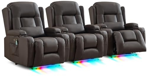 SITURAY Relaxsessel Fernsehsessel Elektrisch Verstellbar Massagesessel mit Liegefunktion Fußteil, Kunstleder TV Sessel mit Wärmefunktion, Kinosessel mit LED/USB für Wohnzimmer, bis 150 kg (3, Braun)