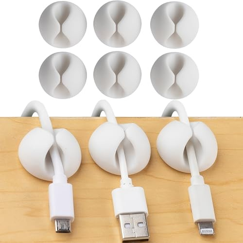 6 Pack Cable Tidy Clips – White Self-Adhesive Wire Organisers for Desk, Wall, Home or Office – Peel & Stick Cord Holders for Charging Cables, USB Leads, Ethernet & Power Wires