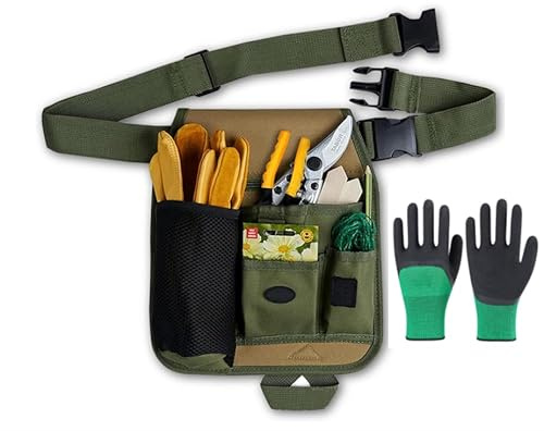 Garden Tool Belt Small Bag Pouch - Adjustable Waist Belt Pouch with Gloves, Multiple Pockets and Wear Resistant Utility Tool Bag, Multifunctional Pouch for Carpenters,Gardeners, Builders and Joiners