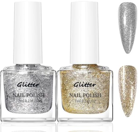Glitzer Nagellack - 2 Farben Schnelltrocknender Nagellack Gold Silber - Glossy Nagellacke Langanhaltend - Atmungsaktiver Nail Polish Nagelack Ohne UV Lampe Für Frauen DIY Zu Hause, 7ml/PCS