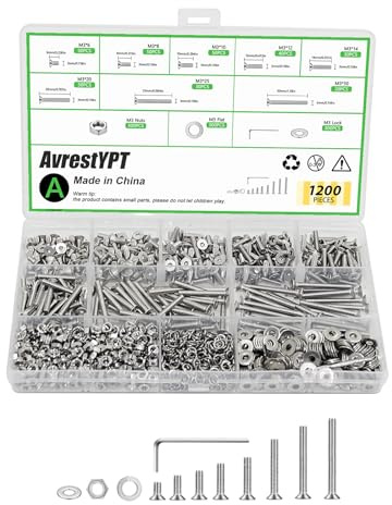 AvrestYPT 1200 Pcs Countersunk Head Hexagon Socket Screws Bolts and Nuts and Washers Assortment Kit, M3 Metric Stainless Steel Bolts and Machine Screws and Nuts and Washers Set for Home Industrial