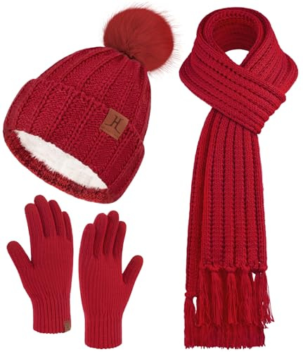 ZASFOU Womens Winter Beanie Hats Scarf Touchscreen Gloves Set Knit Fleece Lined Beanies Pompom Hat Scarves Gifts for Women Red