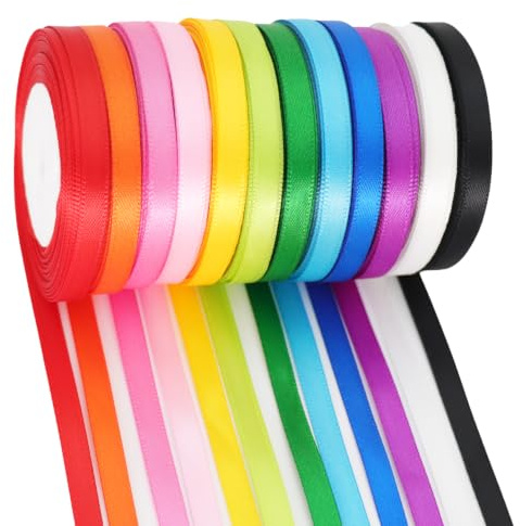 Multicolor Satin Ribbons for Crafting 6mm Rainbow Colorful Ribbon for Gift Wrapping Birthday Party Decorations, Double Face Thin Ribbon Hair Ribbons 12 Colours 10Yards Each, Total 120 Yds