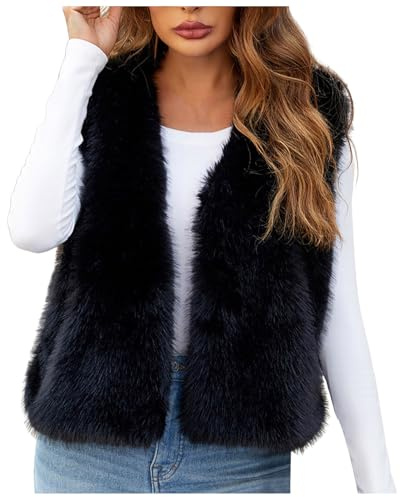 Generisch Gilet en fausse fourrure pour femme avec col en V - Vestes en fausse fourrure sans manches - Couleur unie - Manteau épais en fourrure synthétique - Veste de transition douillette - Veste