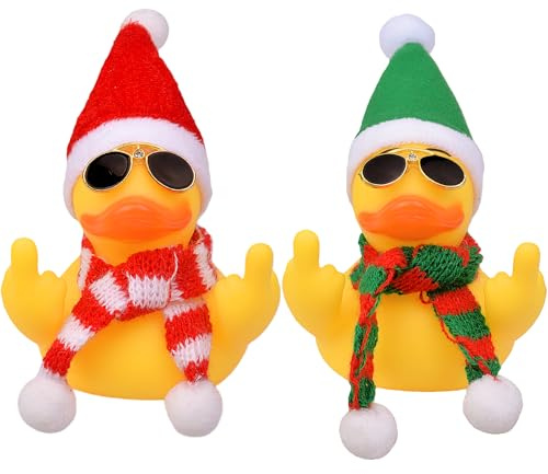 Mwmoeen Weihnachts Gummi Ente Geschenk, 2 Stück Lustige Gummiente Auto Armaturenbrett Dekoration mit Weihnachtsmütze, Schal und Sonnenbrille, Passend für Auto, Büro, Haus Dekoration, (7cm)