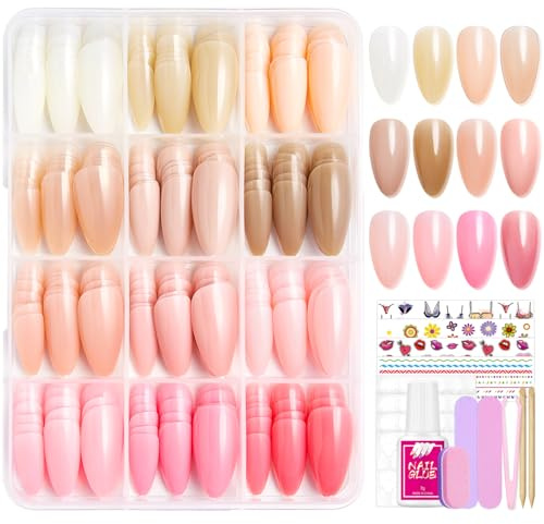 12 Farben 288 Stück Falsche Nägel Zum Aufkleben - Mandel Künstliche Nagelspitzen Nail Art Manicure, Almond Fake Nails für Damen und Frauen (Nude Rosa)
