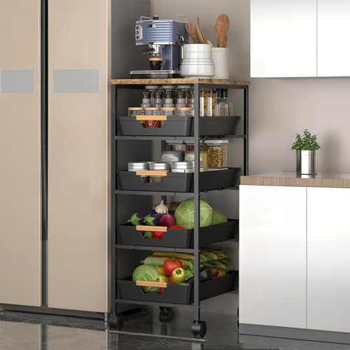 CarolynDesign Carrello portaoggetti con struttura in metallo a 5 ripiani con piano in legno, ruote multifunzionali, con cassetti estraibili, per cucina, soggiorno, bagno