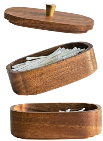MIGAKU HOME Acacia Wood Qtip Holder Bathroom Jars with Lids, Double-Layer Canisters for Cotton Ball/Round/Pads, Floss Pick Storage, Jars for Bathroom Countertop/Vanity Organizer, Home Decor