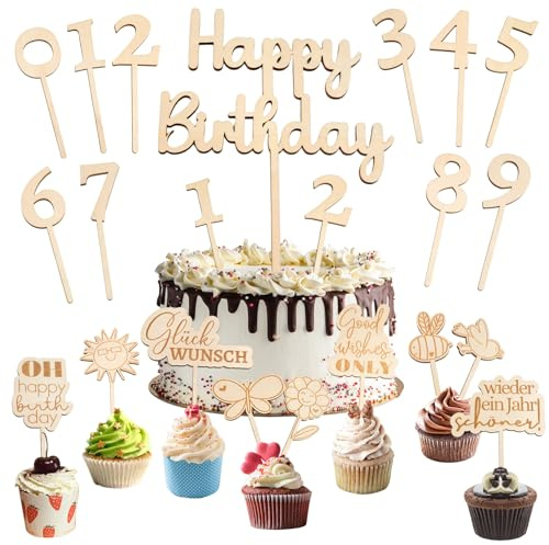20pcs Cake Topper Zahlen Holz 0-9, Happy Birthday Tortendeko mit Kuchendekor Cupcake Topper Kuchen Deko Cake Topper Geburtstag für Mädchen Junge