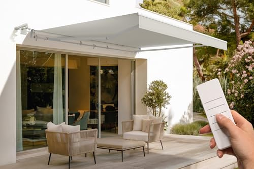 Cazeboo Store banne motorisé 4x3m Semi-Coffre - Toile Beige 320g/m² UV50+ - Structure Aluminium Blanc - Capteur Vent Inclus - Inclinaison 30°-100° - Télécommande