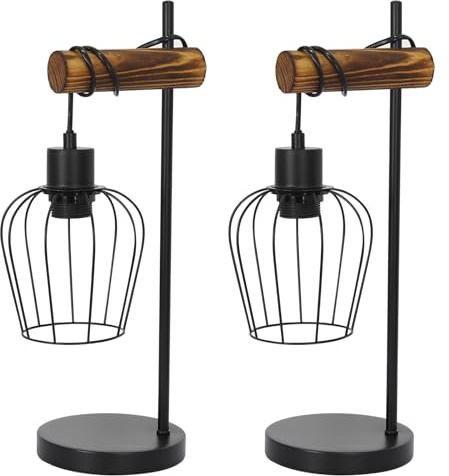 ZMH 2er Tischlampe Wohnzimmer Holz Nachttischlampe Vintage | Tischleuchte im Industrial Design aus Metall Schwarz Bettlampe E27 Fassung inkl. Schalter - ohne Leuchtmittel