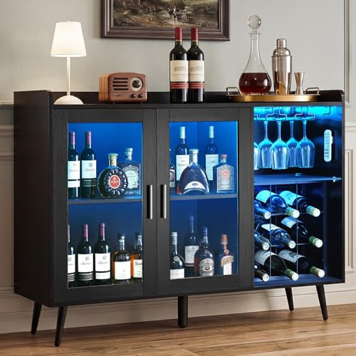 VEVOR Wine Cabinet, Coffee Bar Cabinet with 9 Wine Bottle Racks, Modern Buffet Sideboard with Glass Holder, Adjustable LED Brightness, for Home Kitchen, Living Room, Dining Room, Black Wood Grain