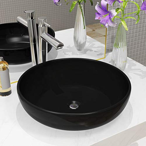 Festnight Vasque à Poser de Salle de Bain Lavabo Céramique Rond Noir