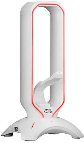 Mars Gaming MHHPROW, Support Casque 3-en-1 avec Ã‰Clairage RGB Flow Tactile, Bungee Souris, HUB 2X USB 3.0, Base Antidérapante, Design Compact, Blanc
