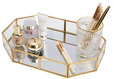 SLHEQING Plateau Miroir Vintage, doré Plateau de Maquillage, Miroir Plateau en Verre，Plateau décoratif Plateau de Parfum pour Coiffeuse, Salle de Bain, Chambre à Coucher (26L x 18l x 5H centimètres)