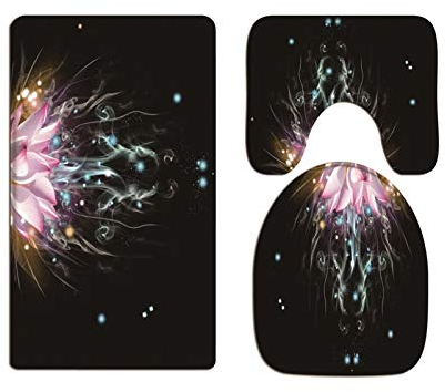A.Monamour Juego de 3 Alfombrillas de Baño Flor De Loto Rosa Brillante Zen Arte Abstracto Fondo Negro Franela Absorbente Antideslizantes Alfombra de Baño Tapete