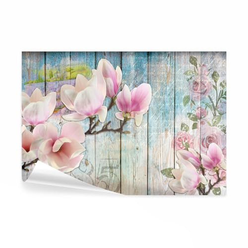 decomonkey Papier Peint Panoramique Fleurs Bois 350x256 cm Bois fleurs | Décoration murale moderne, Tapisserie décorative pour chambre salon, magnolias bleu rétro roses rose vintage