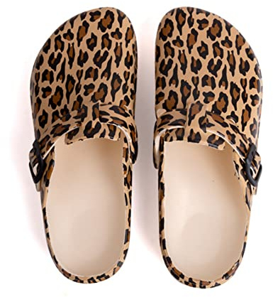ERLINGO Dam trädgård träskor, dam träskor i tryck design tofflor skor lätt trädgård sjuksköterska strand kök träskor andningsbara inomhus utomhus slip-on promenadsandaler, Leopard, 39 EU