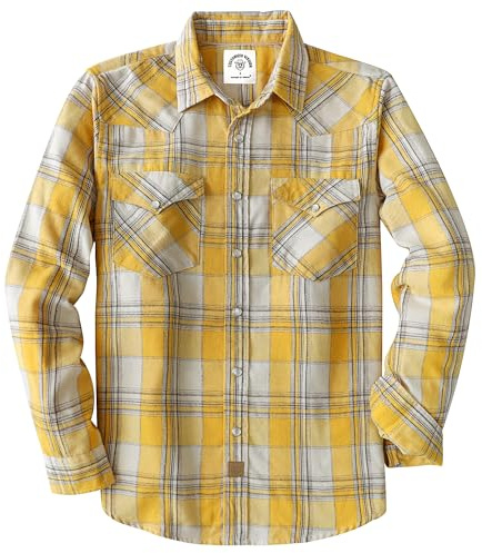 Dubinik® 6 oz Camicia Flanella Uomo Invernale Camicia Uomo Flanella Cotone Western Cowboy con Bottone Automatico Quadri Giallo Beige L
