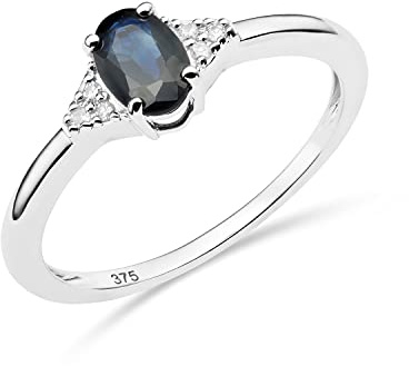 MIORE Schmuck Damen 0.03 Ct Diamant Verlobungsring mit Edelstein Geburtsstein natürlicher ovaler blauer Saphir und 6 Diamanten Brillanten Diamantring aus Weißgold 9 Karat (375) Gold
