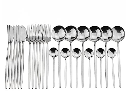 24-piece lila bestecker set edelstahl messer gabel löffel teelöffel abzieher set essgeschirr (Color : Silver)