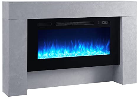 FLAMME Carmaux 55 / 141cm Freestanding Electric Fireplace Suite, 3 Flame Colours, 2000W Heater, Log set or Crystal Fuel Bed with Remote Control Cement Grey
