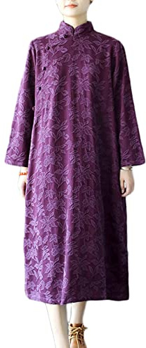 NFYM Fall Winter Women's Chinese Cheongsam Dress Cotton Jacquard Qipao Long Ethnic Modern Trend Dresses, Purple, One size