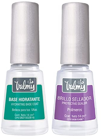 VALMY Pack Tratamiento Hidratante y Fortalecedor de Uñas: Base Hidratante con Keratina y Vitamina E + Top Coat Brillo Sellador, Esmaltes de Uñas Protectores y Endurecedores, 14 ml c/u (2 unidades)