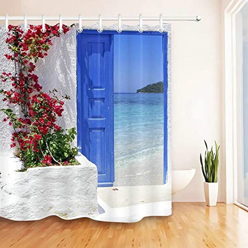 VEKETE Rote Blumen, Blaue Griechische Tür Mit Meerblick Auf Der Insel, Duschvorhänge, Wasserdichter Stoff, Badezimmervorhang Für Zuhause, Badewannendekoration,1,B90xH180cm