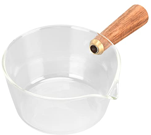 Pot à Lait en Verre, Pot en Verre Transparent avec Manche en Bois, Bec en Forme de V, Casserole Antiadhésive, Chauffe-beurre, Marmite pour Soupe, Lait, Pâtes, Nouilles(400ml)