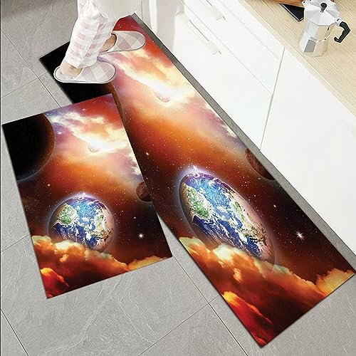 Küchenläufer Küchenmatte 2 Stück 45x70cm+45x120cm,Weltraum, Staubwolkennebel Sterne im Sonnensystem mit Planet Erde Plut,Rutschfest Pflegeleicht, Anti-Müdigkeit Küchenteppich Teppich Läufer für Küche