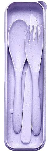 Travel Cutlery Set with Case, Reusable Portable Utensils Plastic Fork Knife Spoon for Camping Picnic Work School Daily Use (Purple)
