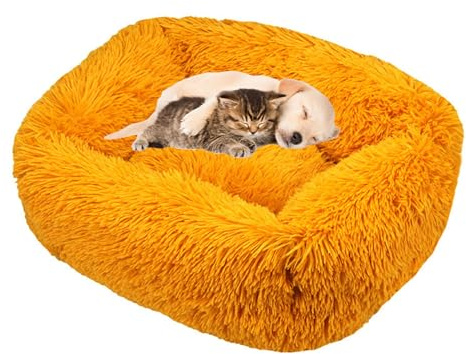 Lukery Hundebett Katzenbett Flauschig Rund aus Plüsch, Kuscheliges Donut Hundekissen und Katzenkissen Weiches Plüsch Hundeliege für Kleine, Mittelgroße und Große Haustiere (Golden,M (66X55))