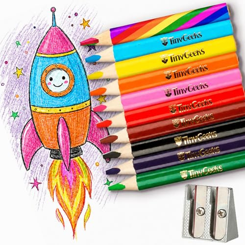 TinyGeeks Jumbo Stifte - NEU -10 kurze Dreiecks-Buntstifte für Kinder + Regenbogen-Bleistift + Anspitzer - Perfekt für Vorschule, Kleinkinder und Anfänger + Empfohlen von Lehrern & Experten