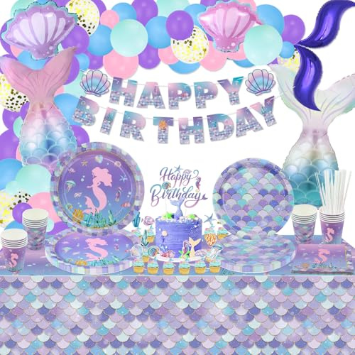 175Pcs Mermaid Birthday Decorations - Balloons, Party Plates, Banner, Cups, Scale Tablecloth, Cake Toppers for Girl Kids Little Ocean Party Supplies