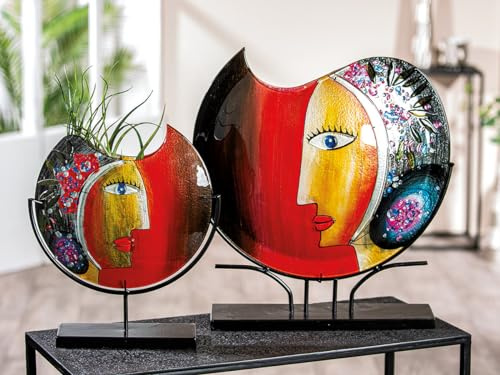 GILDE GLAS art Deko Vase Gesichtsvase - handbemalte Glasvase mit Metall Ständer - Dekoration Wohnzimmer Höhe 38 cm mehfarbig