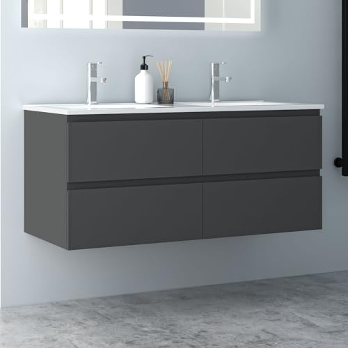 Biubiubath Badezimmermöbel 120cm Keramik Waschtisch mit Unterschrank Badmöbel Set Badezimmerschränke mit 4 Soft-Close Schubladen Dunkelgrau Matt