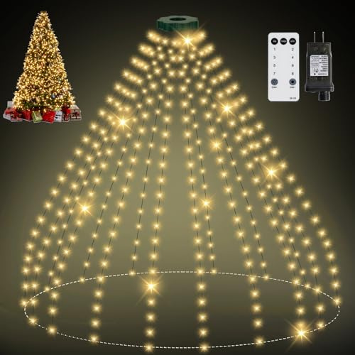 SKELO Luces Arbol Navidad 400LED 2.5M*16 8 Modos IP65 Mando a Distancia Temporizador Cadena de Luces para Árbol de Navidad con Anillo LED Luces de Arbol de Navidad Interior Exterior blanco cálido