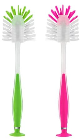 HOMESHOPA Dish Brush with Suction Cup, Green & Pink Washing-Up Kitchen Brush, Soft Grip Handle and Non-Scratch Bristles, Long Handle Durable Dish Cleaning Brush