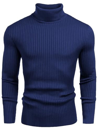 Uusollecy Pull Col Roulé Homme Manches Longues en Tricot Pull Homme Hiver Chaud Pulls Homme Casual Slim Fit, Bleu Marine, XXL