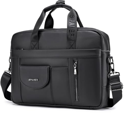 SPAHER Mens Leather Laptop Bag Briefcases for Men 15.6 Inch Leather Briefcase Business Work Laptop Handbag Messenger Bag Shoulder Bag with Removable Strap Daily Man Bag Gift for Man