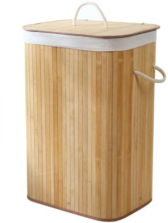 CALICOSY - Panier À Linge Rectangle - Bambou - Matière Naturelle Robuste - Sac Intérieur Amovible, Couvercle Et Poignées Corde - Salle De Bain, Buanderie, Chambre - 70L - L 40 x l 30 x H 60 cm