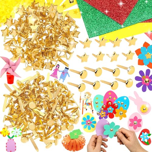 Srup Förpackning med 200 klämmor, 8 mm runt huvud, minibrads papperslås, mönsterklämmor för korttillverkning, metallscrapbooking, mönsterklämmor, fickklämmor med guldmönster (runt huvud, femp