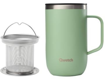 Qwetch – Thermobecher 470ml mit Henkel & Teesieb Lindgrün – Isolierbecher für Kaffee & Tee – Edelstahl gebürstet, 6h Heiß, 12h Kalt – Schiebedeckel, Wiederverwendbar, Teebecher to go
