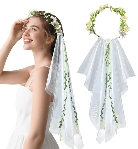 AffeGifts Bride To Be Hen Do Veil, Long Hen Party Veil with Flower Crown for Bridal Shower Bachelorette Hen Do Night Party