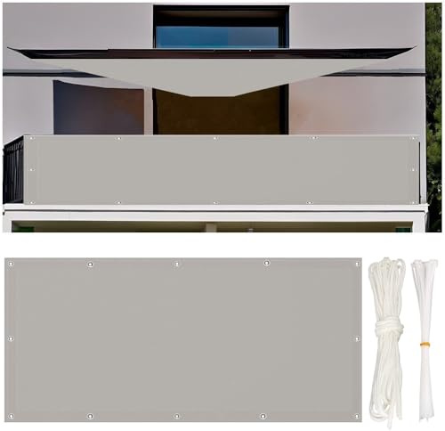 rngcpto Sicht Schutz Balkon 50x750cm - Multi Größe und Farbe Balkonumrandung Balkon-Sichtschutz Wetterfest und Windschutz, Balkonverkleidung mit Ösen und Kordel Deko für Terrasse & Garten - Hellgrau