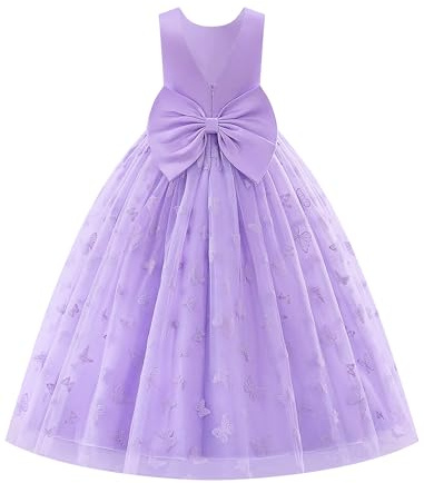EFOGEP Abito da ragazza con fiore per matrimonio, elegante, con scollo a V, in tulle da principessa, per bambini, per damigella d'onore, compleanno, per la prima comunione, per feste, Lilla, 9-10 Anni