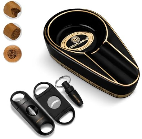 CLZOONG Cigar Ashtray with Cigar Cutter Set Portable, include Cigar Ceramic Ashtray, Enlarge Cigar Guillotine Sharp V-Cut Cutter Punch with Gift Box, Cigar Accessories Set for Men (Black)